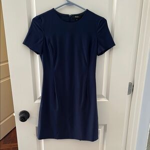 Theory Navy Blue Women's Short Sleeve Wool Sheath Dress